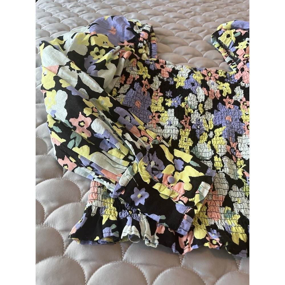 Free People Ariana Printed Top Floral Puff Sleeve Smocked Blouse Size xsmall - Picture 6 of 10
